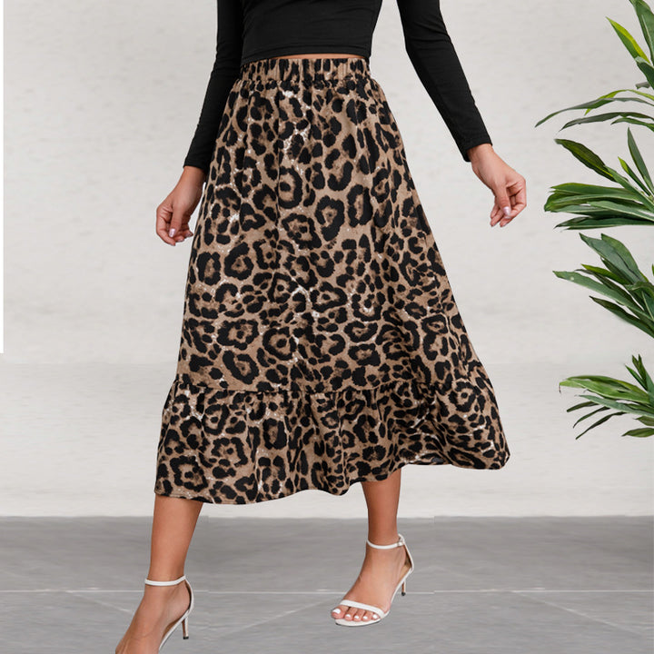 Damen Midirock mit elastischem Bund, Leopardenmuster und Volantbesatz – Avérine