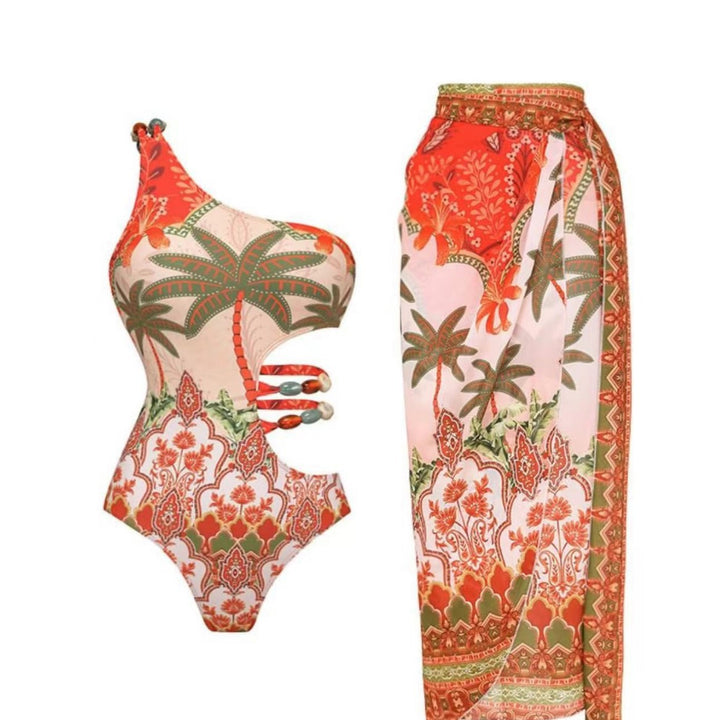 Damen Einteiler Badeanzug mit modischem Cut-Out und passendem Strandrock Echo Archiv