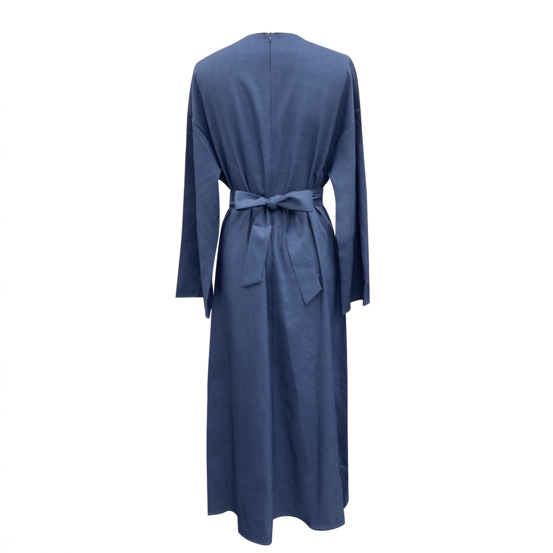 Damen Wickelmaxikleid in Leinenoptik mit Kimonoärmeln und Taillenbund – Valéora