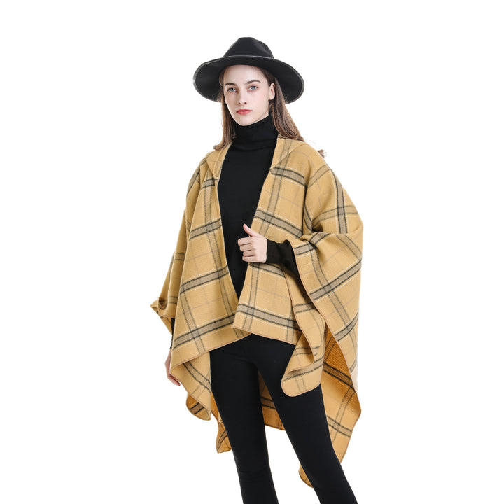 Damen Kapuzen-Poncho mit Karomuster, weichfallender Wollmix und offenem Oversize-Fall Echo Archiv