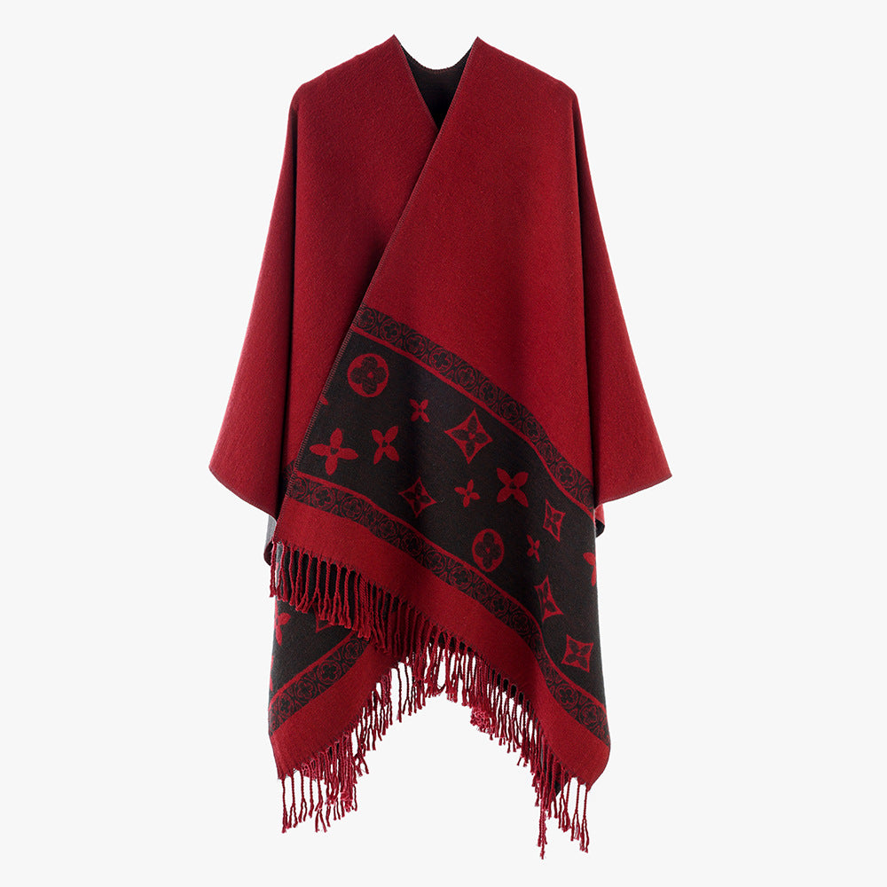 Damen Oversize‑Rechteckponcho aus Wollmix mit eingewebter Jacquardbordüre und Fransensaum – Avérine