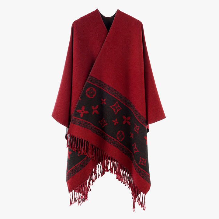 Damen Oversize‑Rechteckponcho aus Wollmix mit eingewebter Jacquardbordüre und Fransensaum – Avérine