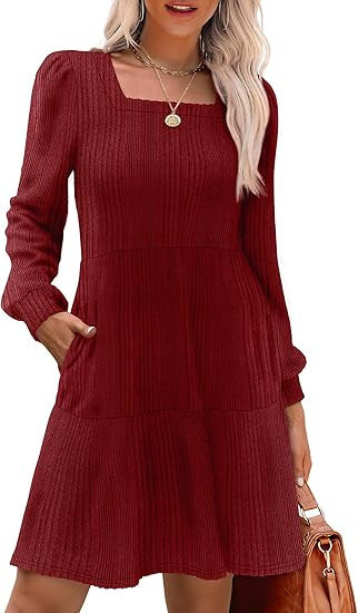 Damen Gestricktes A‑Linien‑Minikleid mit quadratischem Ausschnitt, Stufenrock und Eingrifftaschen – Élara