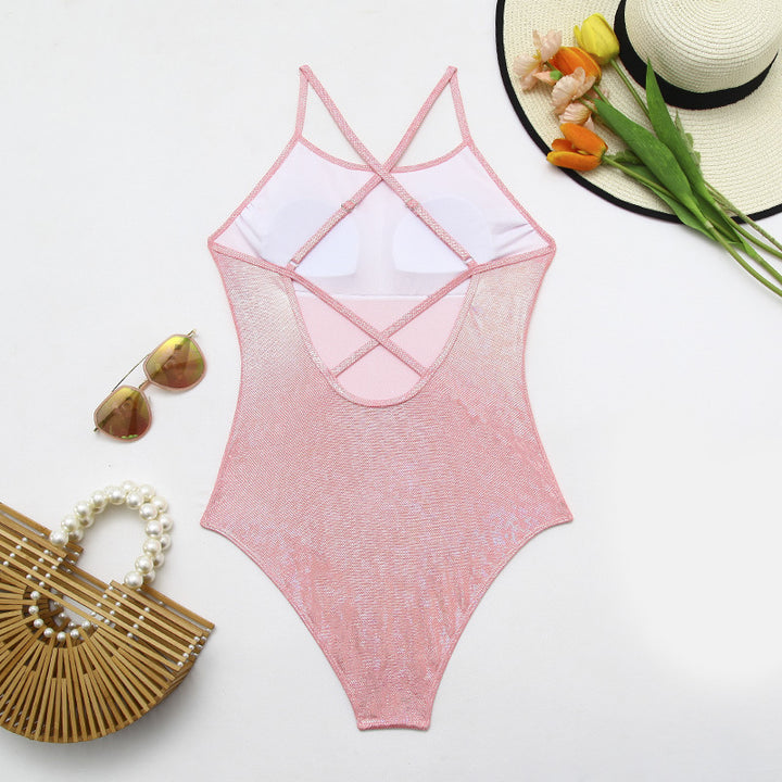Damen Glänzender Hochgeschnittener Einteiler mit raffinierten Trägern Echo Archiv