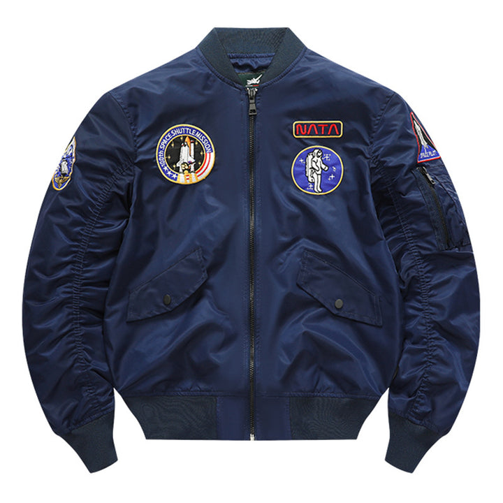 Men's retro space-mission nylon flight jacket with insulated lining and sleeve zipper pocket – Brevano