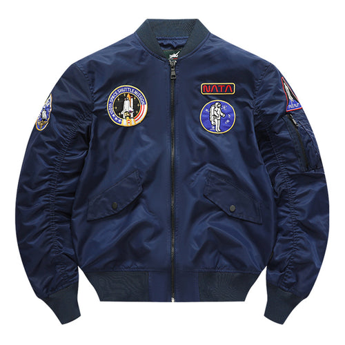 Men's retro space-mission nylon flight jacket with insulated lining and sleeve zipper pocket – Brevano