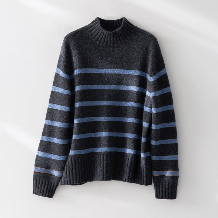 Damen Gestreifter Feinstrick-Pullover mit halbhohem Rippkragen und geripptem Saum Echoarchiv