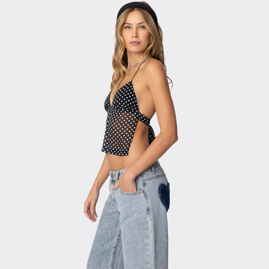 Damen Polka Dot Top mit zarten Trägern und figurbetontem Schnitt Echo Archiv