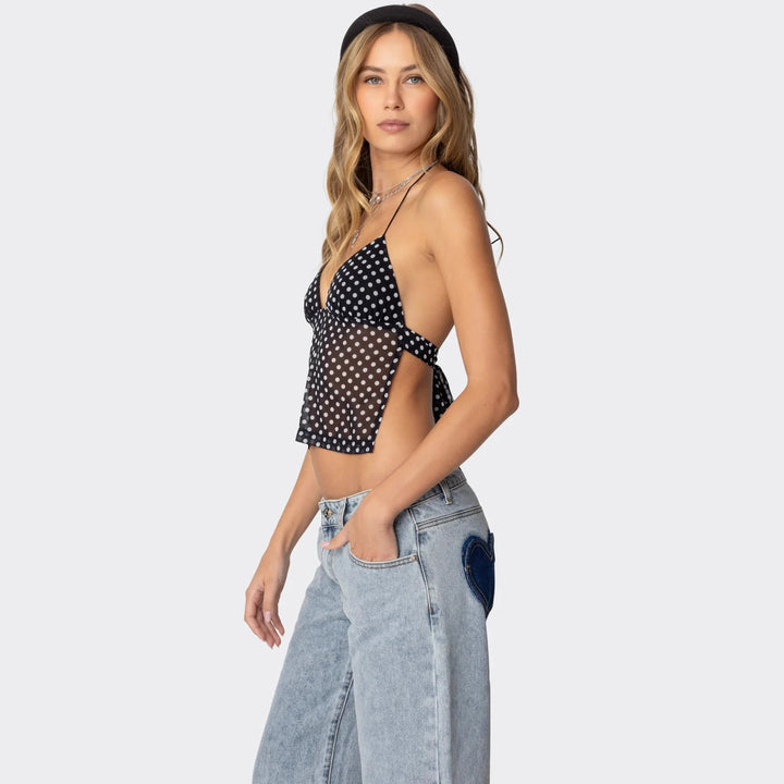 Damen Polka Dot Top mit zarten Trägern und figurbetontem Schnitt Echo Archiv