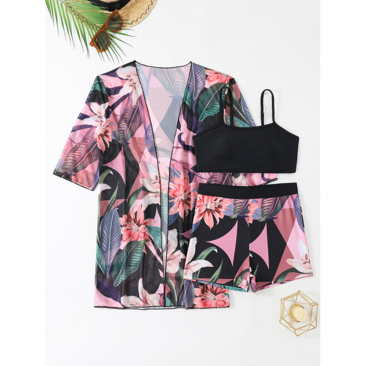 Damen Strandset mit floralem Kimono, Oberteil und Shorts Echo Archiv