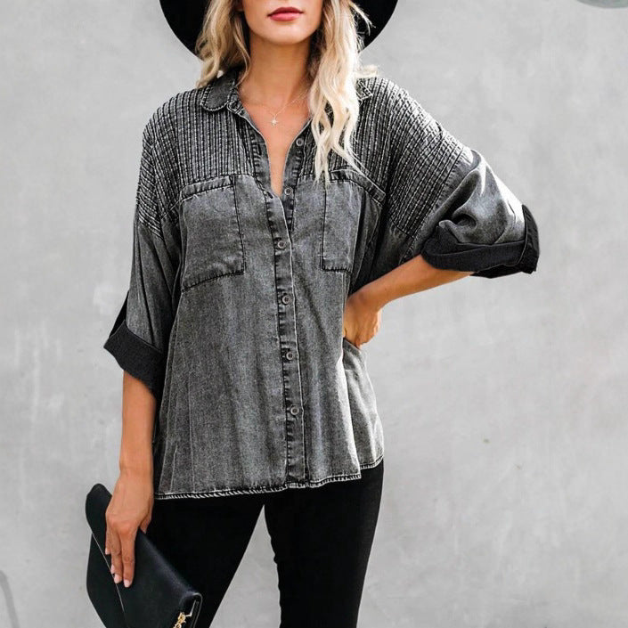 Damen Oversize-Denimbluse mit gesteppter Passe, Knopfleiste und aufgesetzten Brusttaschen Echo Archiv