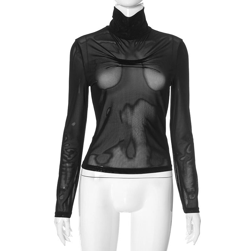 Damen trendiges, transparentes Longsleeve-Oberteil mit Stehkragen und Designfalten Echo Archiv
