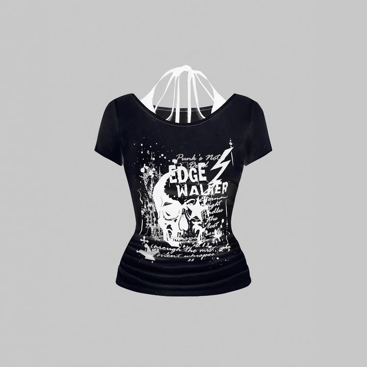 Damen kreatives Grafik-T-Shirt mit verführerischem Rückenausschnitt Echo Archiv