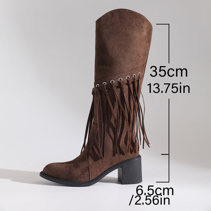 Damen wadenhohe Fransen-Stiefel in Wildlederoptik mit Ösendetail und mittelhohem Blockabsatz Echo Archiv