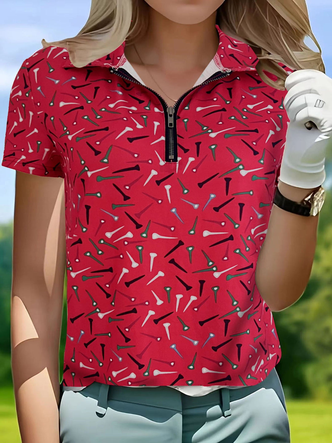 Damen Golfshirt mit modernem Muster und funktionalem Reißverschluss Echoarchiv