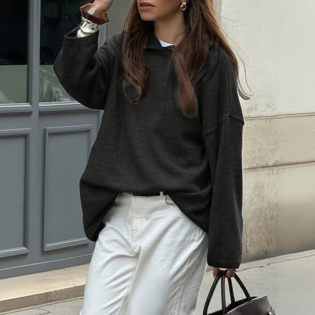 Damen Oversize-Polo-Feinstrickpullover mit umgelegtem Kragen und Raglanärmeln – Mavelle
