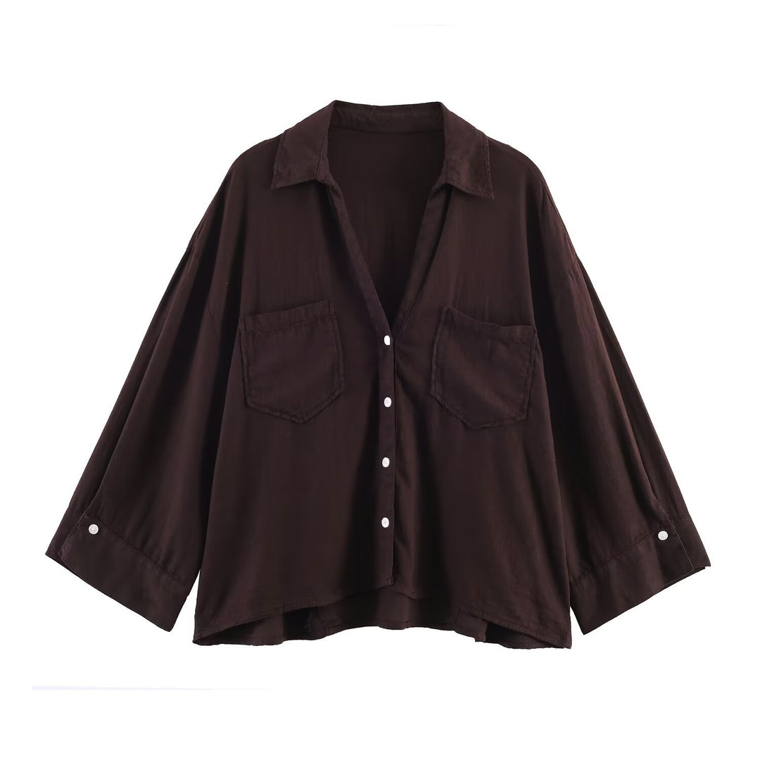 Damen Oversize-Hemdbluse mit großen Brusttaschen, überschnittener Schulter und High‑Low‑Saum Echo Archiv