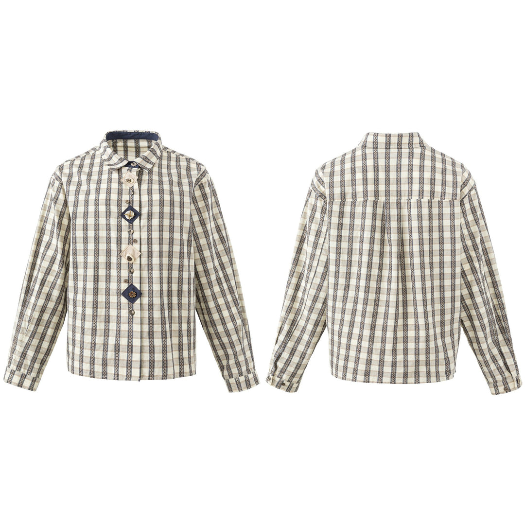 Damen Locker geschnittene Bluse im Vintage‑Karo mit dekorativer Zierknopfleiste Echoarchiv