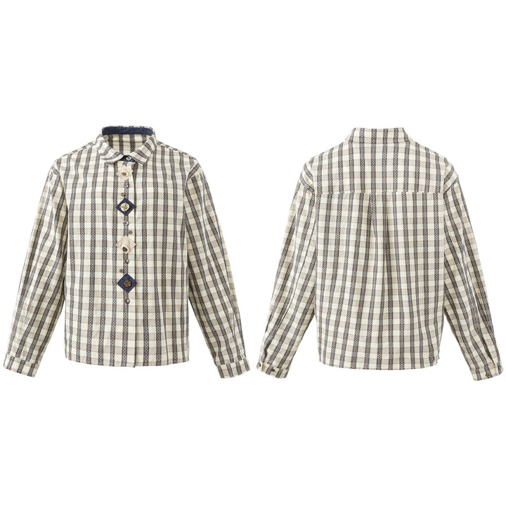 Damen Locker geschnittene Bluse im Vintage‑Karo mit dekorativer Zierknopfleiste Echoarchiv