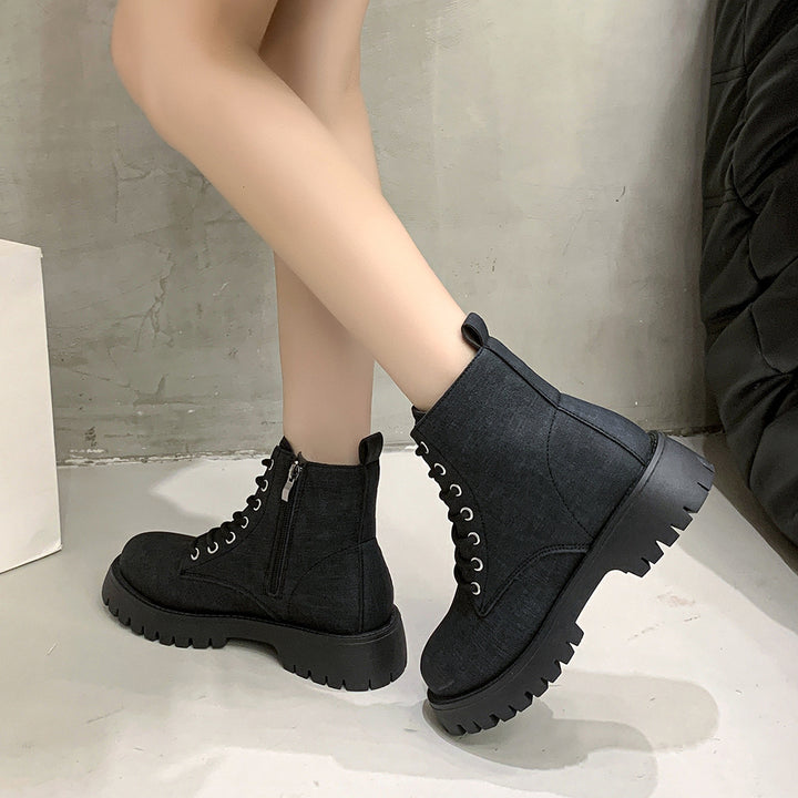 Damen Chunky Combat-Ankleboots aus Denimoptik mit robust profilierter Sohle und seitlichem Reißverschluss Echo Archiv