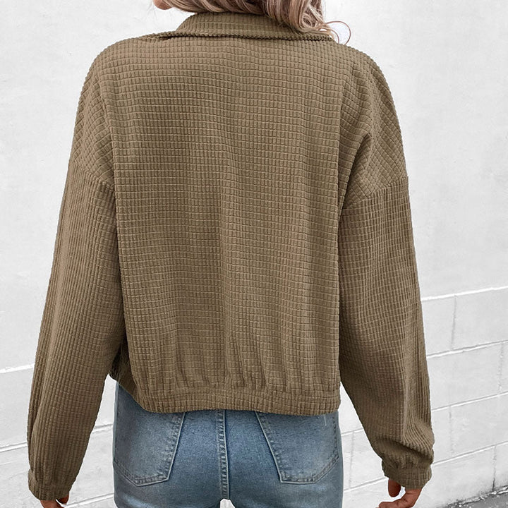 Damen Kurzgeschnittene Waffelstruktur-Übergangsjacke mit Reißverschluss, Stehkragen und elastischen Bündchen Echoarchiv