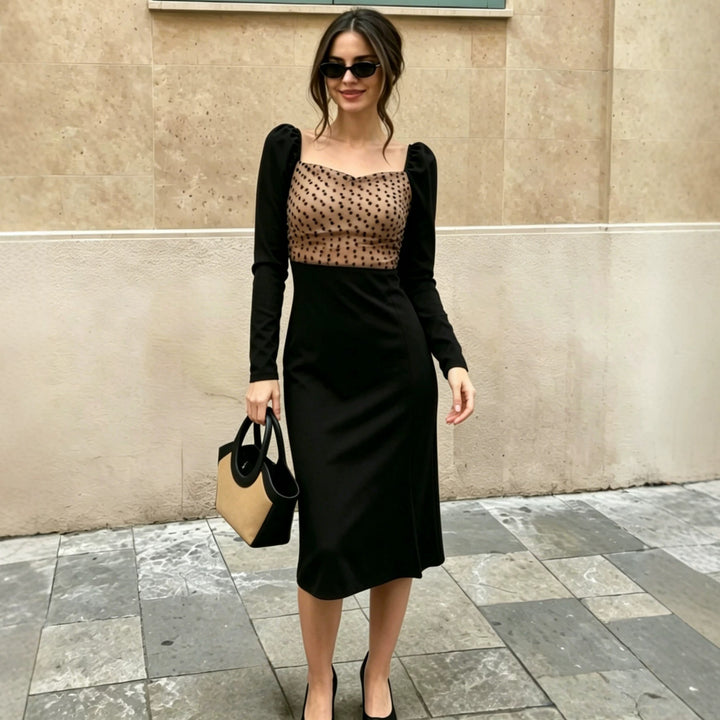 Damen Figurbetontes Midikleid mit Puffärmeln und transparentem Tupfen-Organza-Rückenteil – Élara