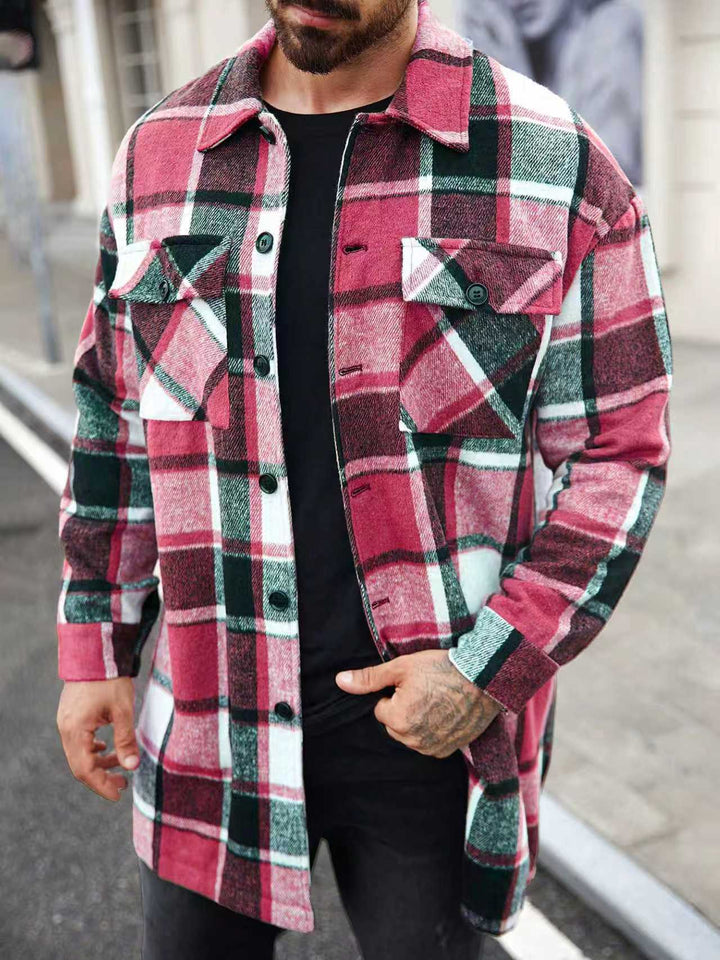 Herren nan kariertes Longline-Überhemd mit aufgesetzten Brusttaschen und Knopfleiste Echo Archiv