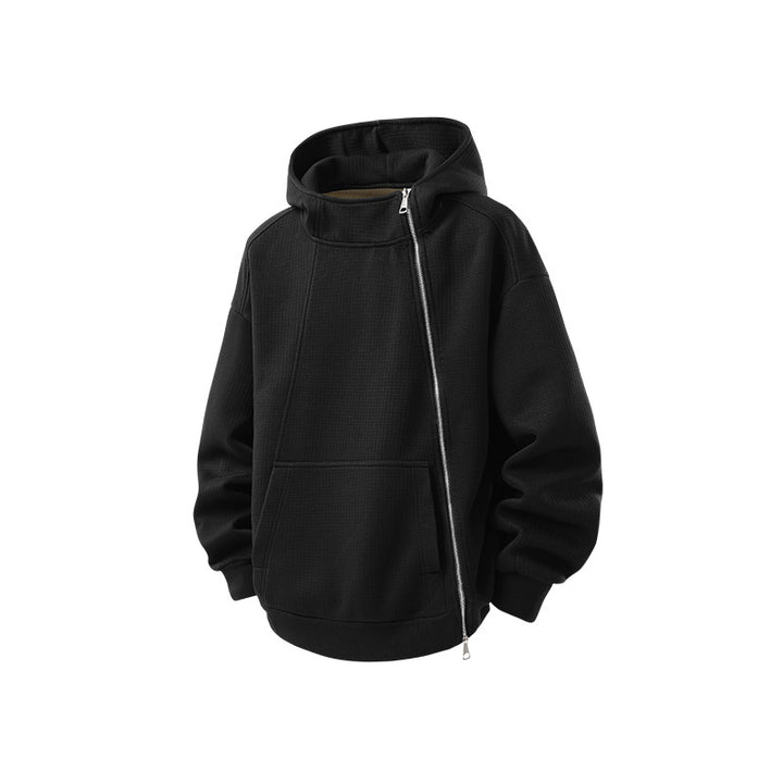 Unisex Asymmetrischer Kapuzenpullover mit hohem Kragen, diagonalem Reißverschluss und Kängurutasche Echo Archiv