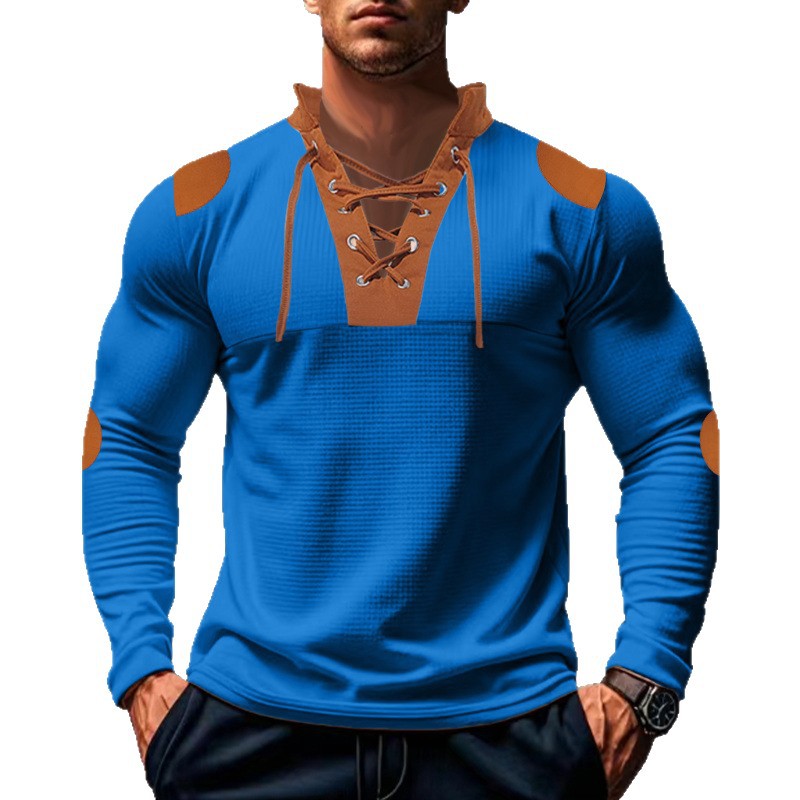 Herren lässiges Langarm-Henley-Shirt mit ausgefallenem Schnürdesign und kontrastrierenden Ellenbogen-Patches Echoarchiv