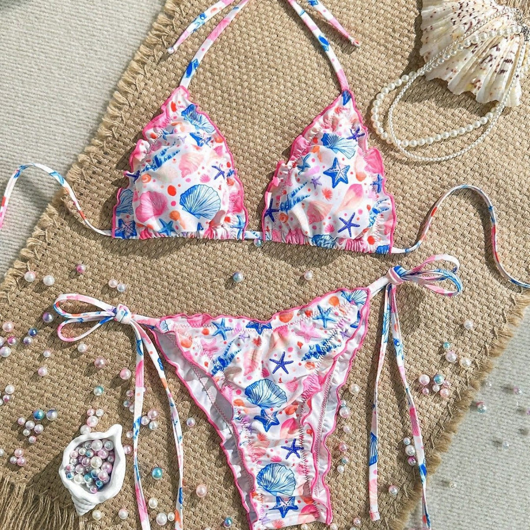 Damen fröhlicher Blumenmuster-Bikini mit Rüschen Echo Archiv