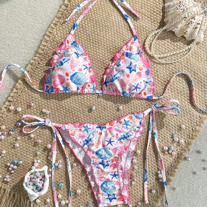 Damen fröhlicher Blumenmuster-Bikini mit Rüschen Echo Archiv