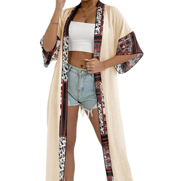 Damen eleganter, leichter Kaftan mit buntem Häkelbesatz Echo Archiv