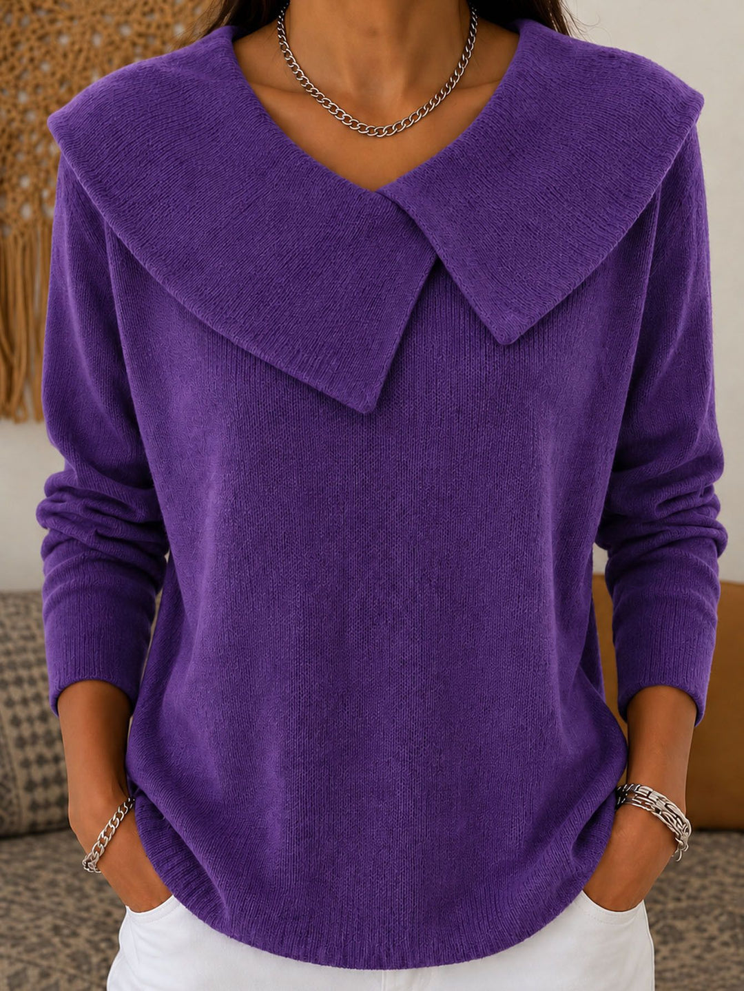 Damen Grobgestrickter Strickpullover mit übergroßem Matrosenkragen – Mavelle