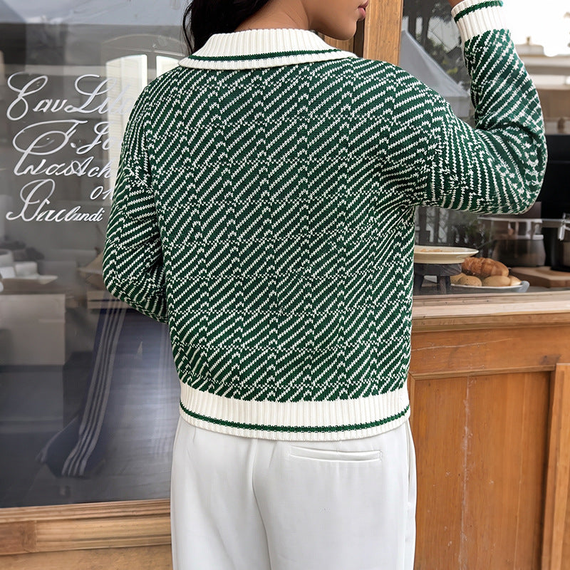 Damen Polokragen-Strickpullover mit V-Ausschnitt und Strukturmuster – Mavelle
