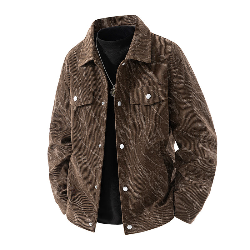 Men's marbled corduroy snap-front collared trucker jacket with chest flap pockets – Taviero