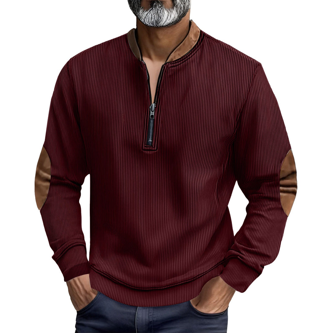 Herren eleganter Pullover mit Stehkragen und modischen Ledereinsätzen Echoarchiv
