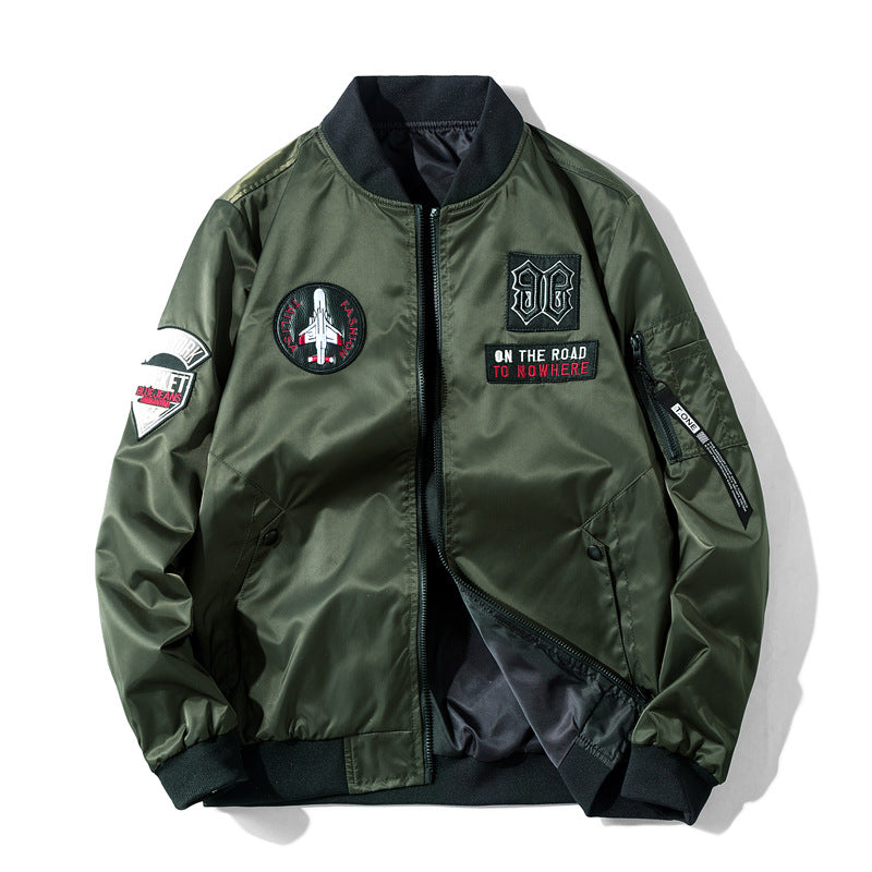 Men's pilot-style embroidered patch utility bomber jacket with angled welt pockets and zip sleeve pocket – Brevano