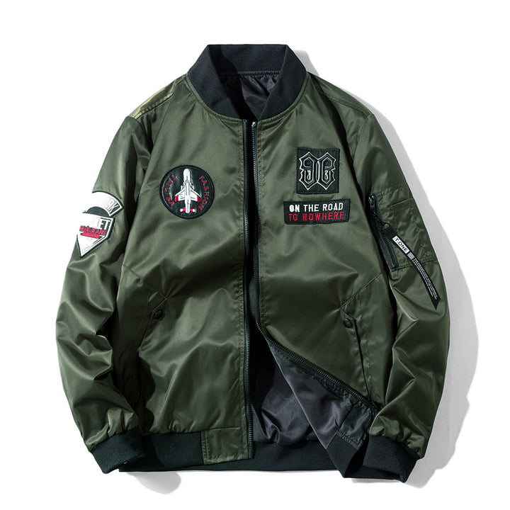 Men's pilot-style embroidered patch utility bomber jacket with angled welt pockets and zip sleeve pocket – Brevano