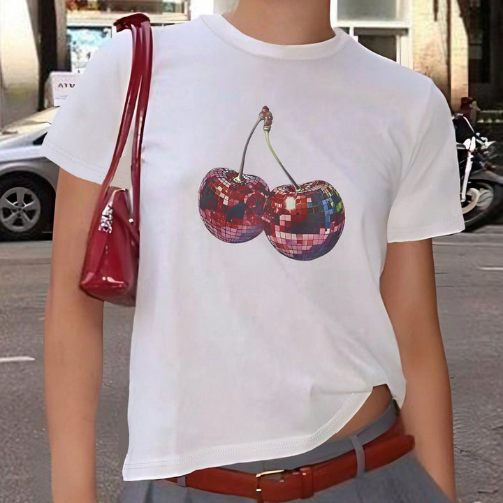 Damen T-Shirt mit kreativem Kirschmotiv und funkelndem Glitzereffekt Echo Archiv