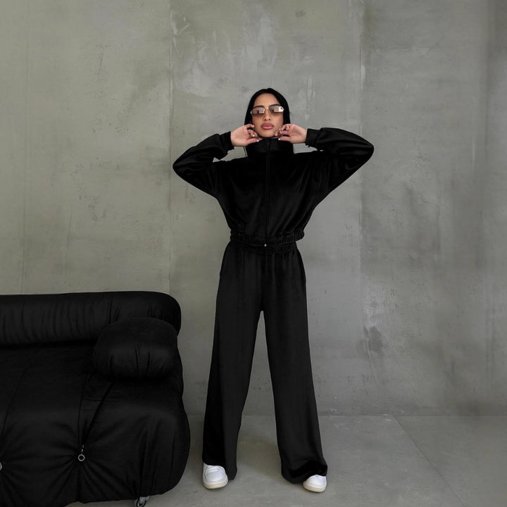 Damen Samt-Loungewear-Set mit kurzem Reißverschluss und geraffter Taillenpartie – Élanora