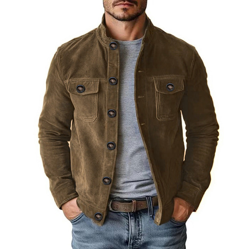 Herren Veloursleder-Fieldjacke mit Stehkragen, Pattentaschen und figurbetonter Schnitt Echoarchiv
