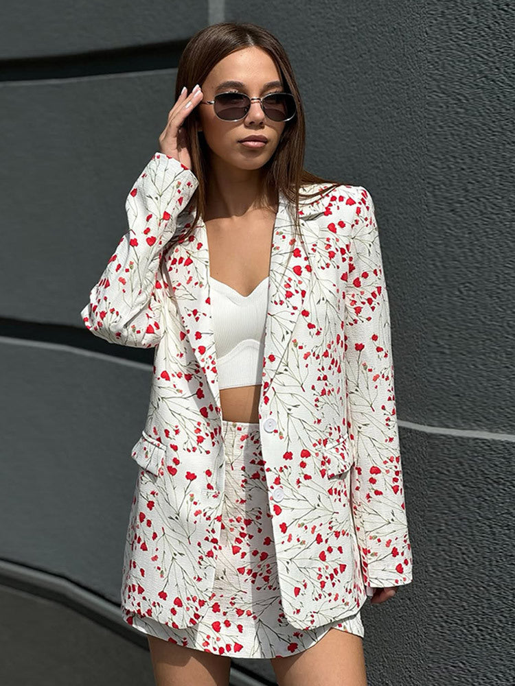 Damen Florales Blazer- und Minirock-Set aus strukturierter Baumwollmischung Echoarchiv