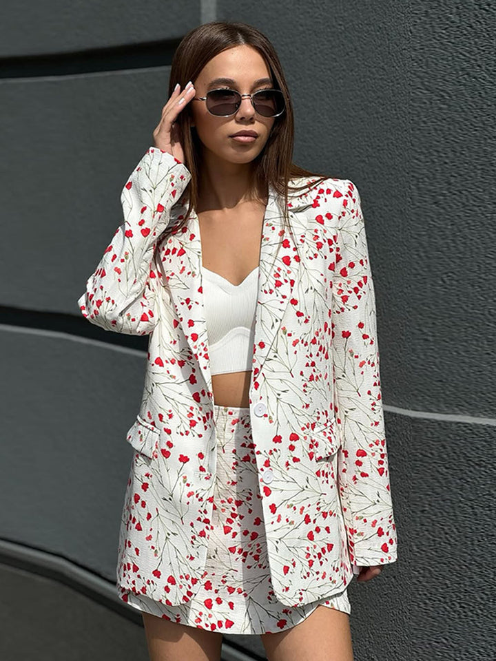 Damen Florales Blazer- und Minirock-Set aus strukturierter Baumwollmischung Echoarchiv