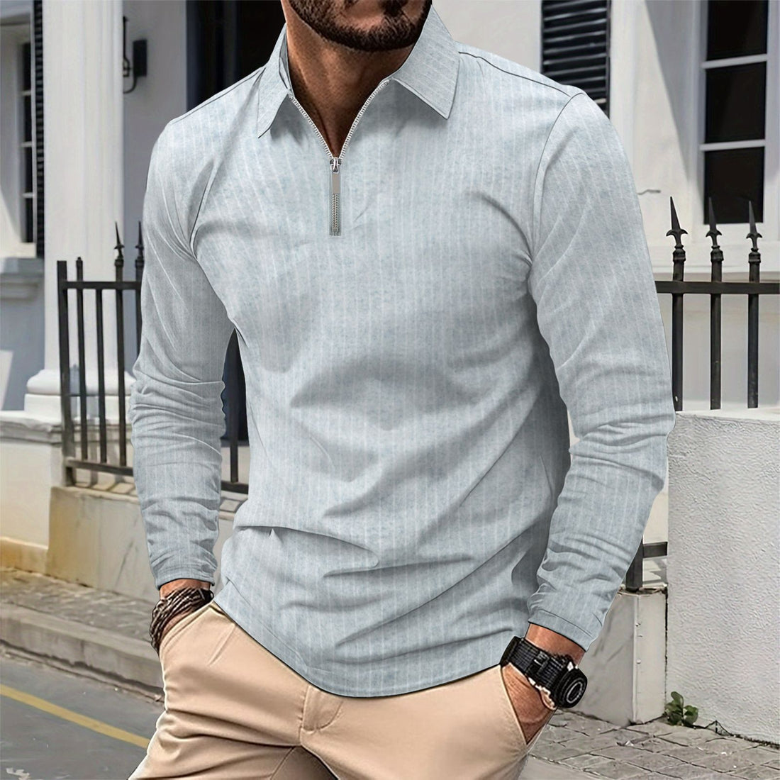 Herren langärmliges Poloshirt mit sportlichem Reißverschluss und strukturiertem Design – Cavello