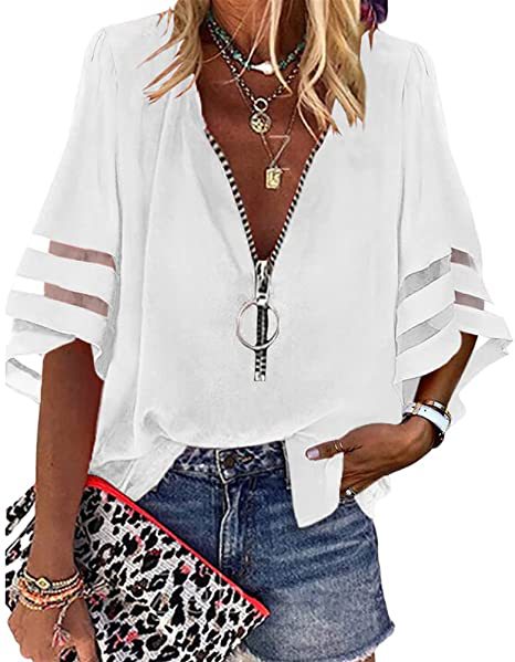 Damen V‑Ausschnitt Bluse mit dekorativem Ringreißverschluss und Cut-Out-Ärmeln Echo Archiv