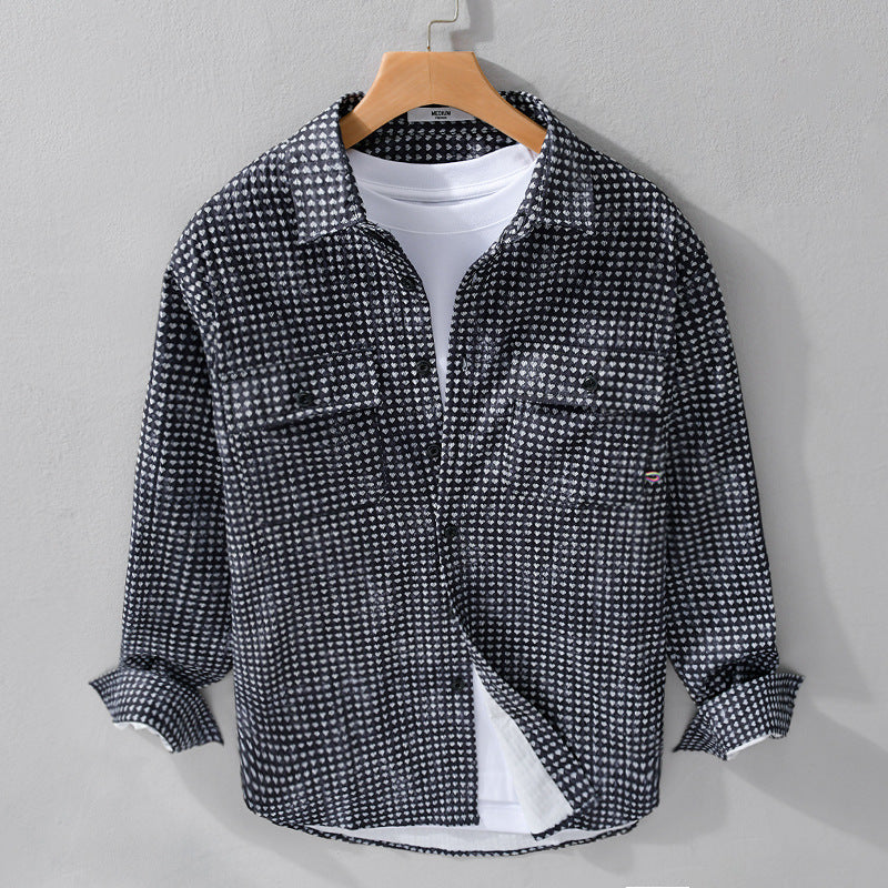 Herren Hemdjacke-Overshirt aus Baumwollmix mit Miniherz-Alloverprint und Brusttaschen Echoarchiv