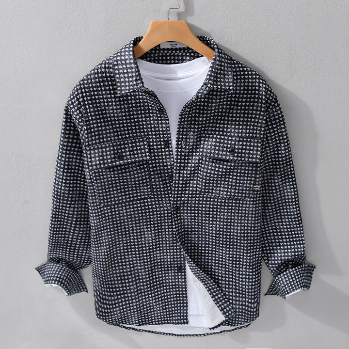 Herren Hemdjacke-Overshirt aus Baumwollmix mit Miniherz-Alloverprint und Brusttaschen Echoarchiv
