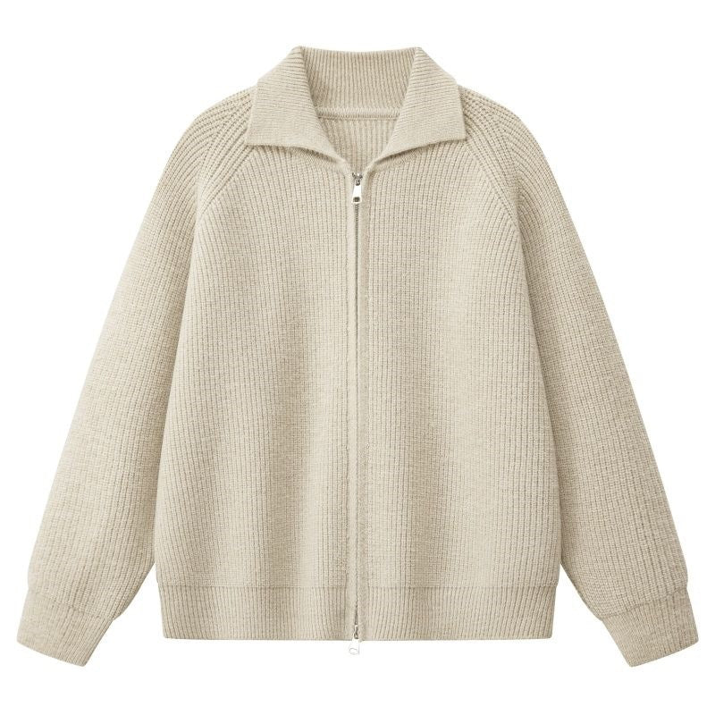 Damen Oversize-Strickjacke mit durchgehendem Reißverschluss, gerippter Struktur & Stehkragen Echoarchiv