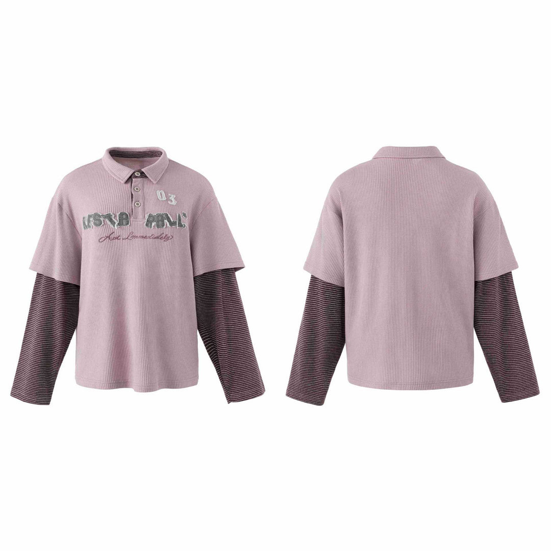 Damen Lässiges Layered-Polo-Shirt mit Rippenstruktur und gestreiften Einsatzärmeln Echoarchiv