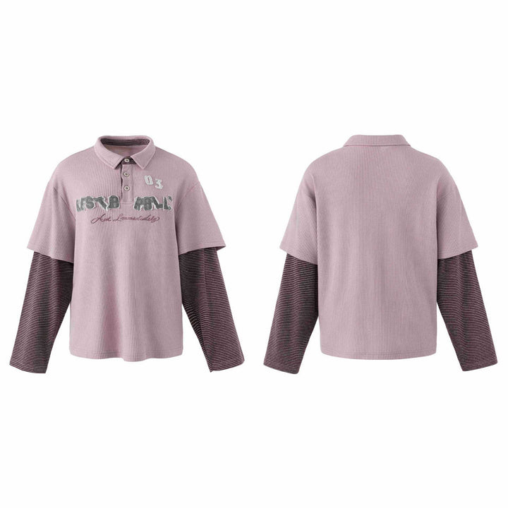 Damen Lässiges Layered-Polo-Shirt mit Rippenstruktur und gestreiften Einsatzärmeln Echoarchiv
